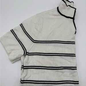 French Connection Knit Polo Sweater – Cream & Black Striped, Size Small